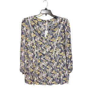 NY Collection Womens Plus Size 1X Blue Floral Long Sleeve Blouse Cottagecore